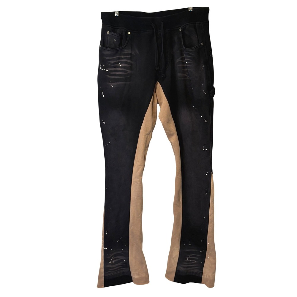 Ninth Hall Stacked Flare Pants Mens L Black Tan Splatter Streetwear Grunge Baggy